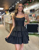 Cute A Line Corset Black Pleated Tiered Short Homecoming Dress with Bows