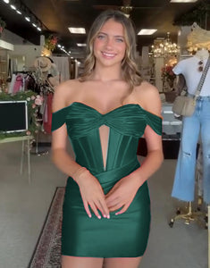 Dark Green Tight Off the Shoulder Corset Satin Homecoming Dress