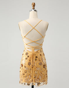 Glitter Yellow Sequined Embroidery Tight Short Homecoming Dress with Beading