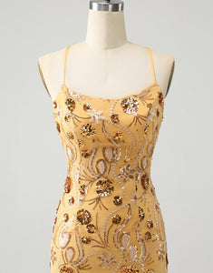 Glitter Yellow Sequined Embroidery Tight Short Homecoming Dress with Beading