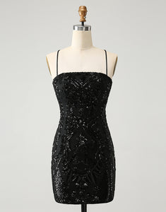 Chic Glitter Black Spaghetti Straps Tight Homecoming Dress with Sequins