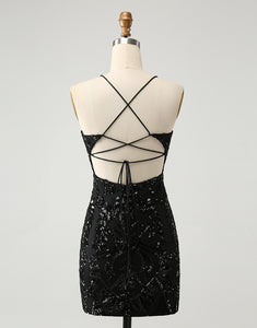 Chic Glitter Black Spaghetti Straps Tight Homecoming Dress with Sequins