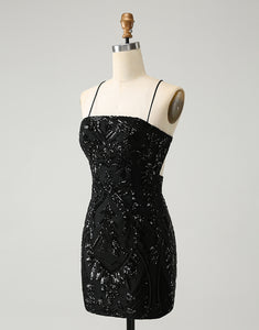 Chic Glitter Black Spaghetti Straps Tight Homecoming Dress with Sequins