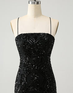 Chic Glitter Black Spaghetti Straps Tight Homecoming Dress with Sequins