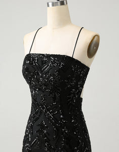 Chic Glitter Black Spaghetti Straps Tight Homecoming Dress with Sequins