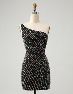 Glitter Black One Shouder Tight Short Homecoming Dress with Beading