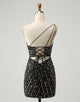 Glitter Black One Shouder Tight Short Homecoming Dress with Beading