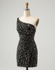 Glitter Black One Shouder Tight Short Homecoming Dress with Beading