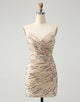 Glitter Champagne Spaghetti Straps Tight Short Homecoming Dress with Sequins