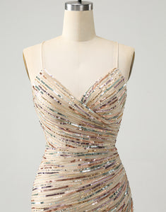 Glitter Champagne Spaghetti Straps Tight Short Homecoming Dress with Sequins