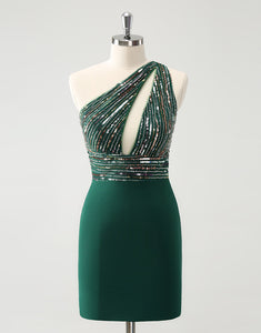 Glitter Dark Green Tight One Shoulder Cut-Out Homecoming Dress