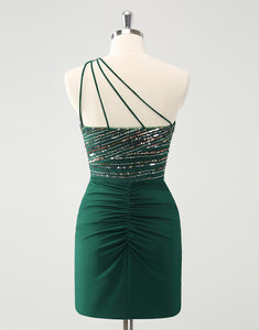 Glitter Dark Green Tight One Shoulder Cut-Out Homecoming Dress