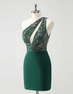 Glitter Dark Green Tight One Shoulder Cut-Out Homecoming Dress