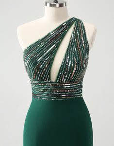 Glitter Dark Green Tight One Shoulder Cut-Out Homecoming Dress