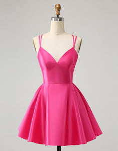 Fuchsia A Line Spaghetti Straps Backless Short Cute Homecoming Dress