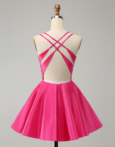 Fuchsia A Line Spaghetti Straps Backless Short Cute Homecoming Dress