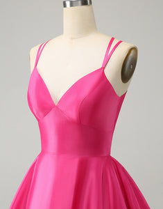 Fuchsia A Line Spaghetti Straps Backless Short Cute Homecoming Dress