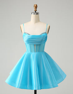 Cute Blue A Line Spaghetti Straps Corset Homecoming Dress with Beading