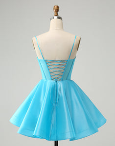 Cute Blue A Line Spaghetti Straps Corset Homecoming Dress with Beading