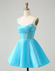 Cute Blue A Line Spaghetti Straps Corset Homecoming Dress with Beading