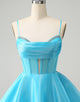 Cute Blue A Line Spaghetti Straps Corset Homecoming Dress with Beading