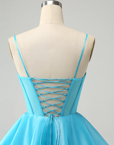 Cute Blue A Line Spaghetti Straps Corset Homecoming Dress with Beading