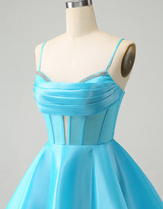 Cute Blue A Line Spaghetti Straps Corset Homecoming Dress with Beading