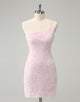 Pink One Shoulder Applique Sequins Mini Bodycon Homecoming Dress