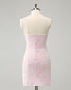 Pink One Shoulder Applique Sequins Mini Bodycon Homecoming Dress