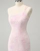 Pink One Shoulder Applique Sequins Mini Bodycon Homecoming Dress