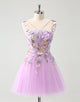 Purple A Line Halter Flowers Tulle Short Homecoming Dress