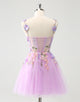 Purple A Line Halter Flowers Tulle Short Homecoming Dress