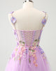 Purple A Line Halter Flowers Tulle Short Homecoming Dress