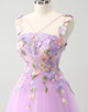 Purple A Line Halter Flowers Tulle Short Homecoming Dress