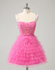 Dreamy Pink A Line Spaghetti Straps Tiered Flowers Tulle Cute Homecoming Dress