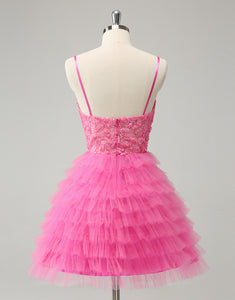 Dreamy Pink A Line Spaghetti Straps Tiered Flowers Tulle Cute Homecoming Dress