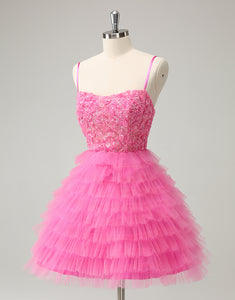 Dreamy Pink A Line Spaghetti Straps Tiered Flowers Tulle Cute Homecoming Dress