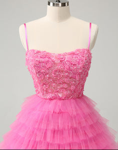 Dreamy Pink A Line Spaghetti Straps Tiered Flowers Tulle Cute Homecoming Dress