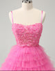 Dreamy Pink A Line Spaghetti Straps Tiered Flowers Tulle Cute Homecoming Dress