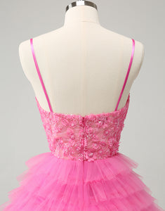 Dreamy Pink A Line Spaghetti Straps Tiered Flowers Tulle Cute Homecoming Dress