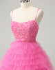 Dreamy Pink A Line Spaghetti Straps Tiered Flowers Tulle Cute Homecoming Dress