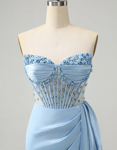 Sparkly Blue Bodycon Sweetheart Corset Homecoming Dress with Beading