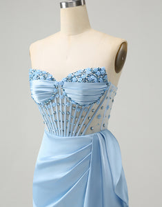 Sparkly Blue Bodycon Sweetheart Corset Homecoming Dress with Beading