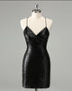 Stylish Glitter Black Sequins Tight Halter Homecoming Dress with Lace Up Back