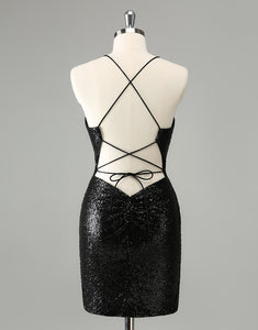 Stylish Glitter Black Sequins Tight Halter Homecoming Dress with Lace Up Back