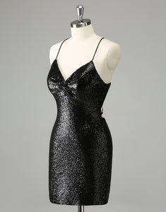 Stylish Glitter Black Sequins Tight Halter Homecoming Dress with Lace Up Back