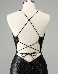 Stylish Glitter Black Sequins Tight Halter Homecoming Dress with Lace Up Back