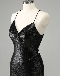 Stylish Glitter Black Sequins Tight Halter Homecoming Dress with Lace Up Back