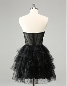 Sparkly A Line Black Sweetheart Tiered Corset Cute Homecoming Dress