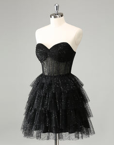 Sparkly A Line Black Sweetheart Tiered Corset Cute Homecoming Dress